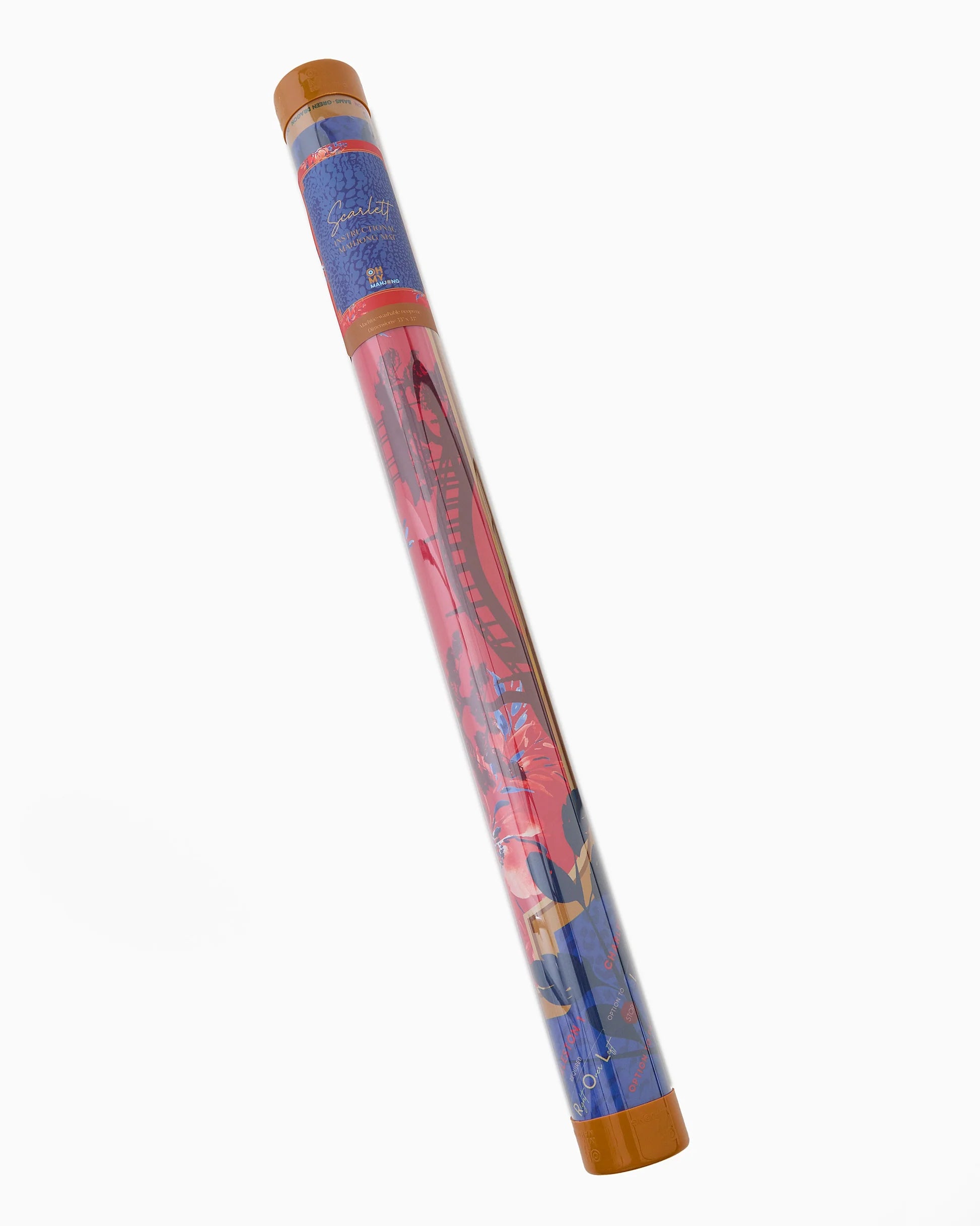 Colorful Mahjong Mat rolled in a clear tube with a pattern on a white background