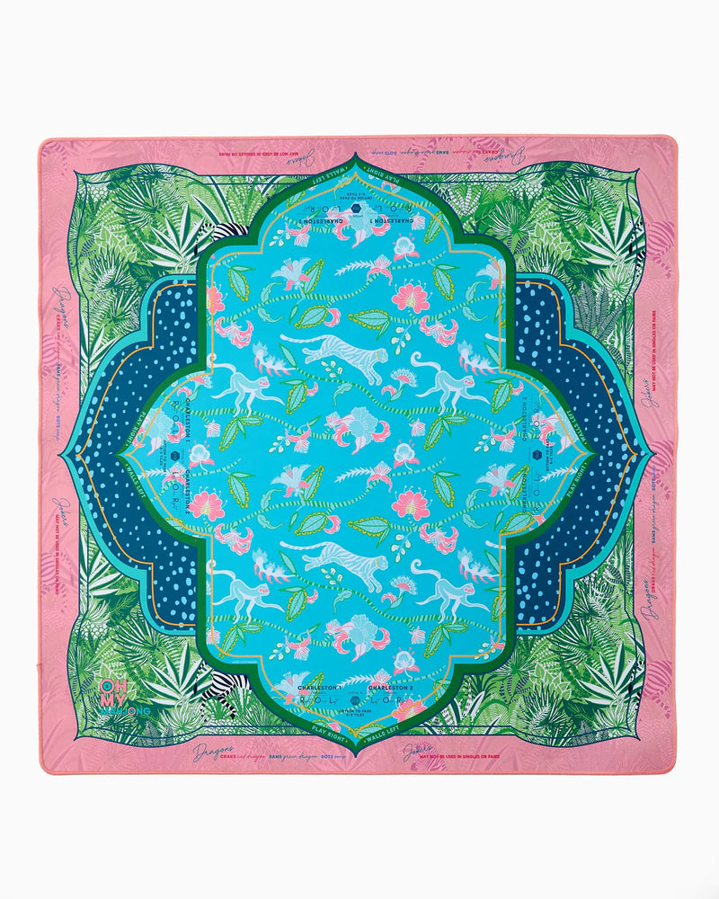 Colorful patterned scarf with pink border on a white background