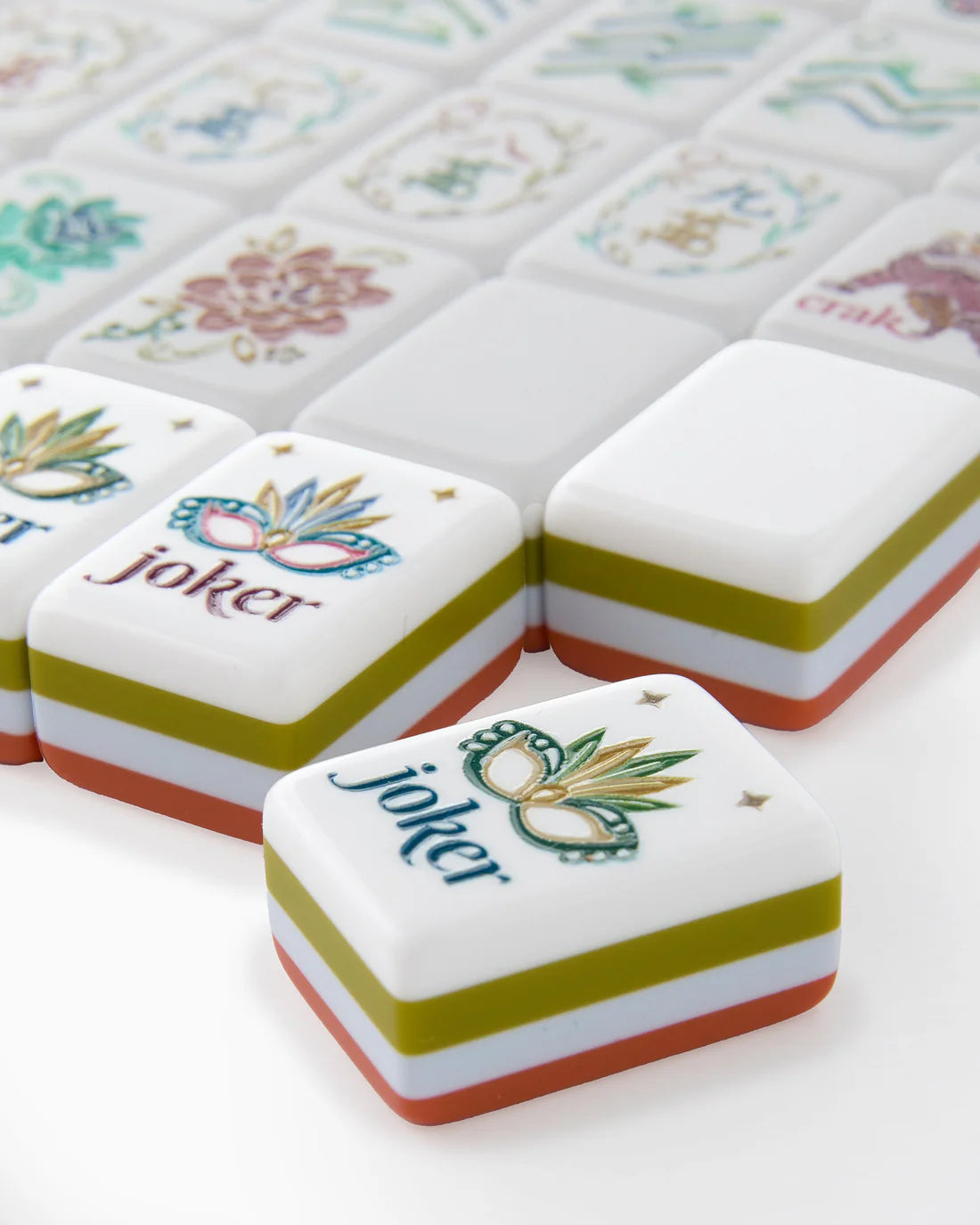 Close-up of a joker tile from a game board with decorative elements.
