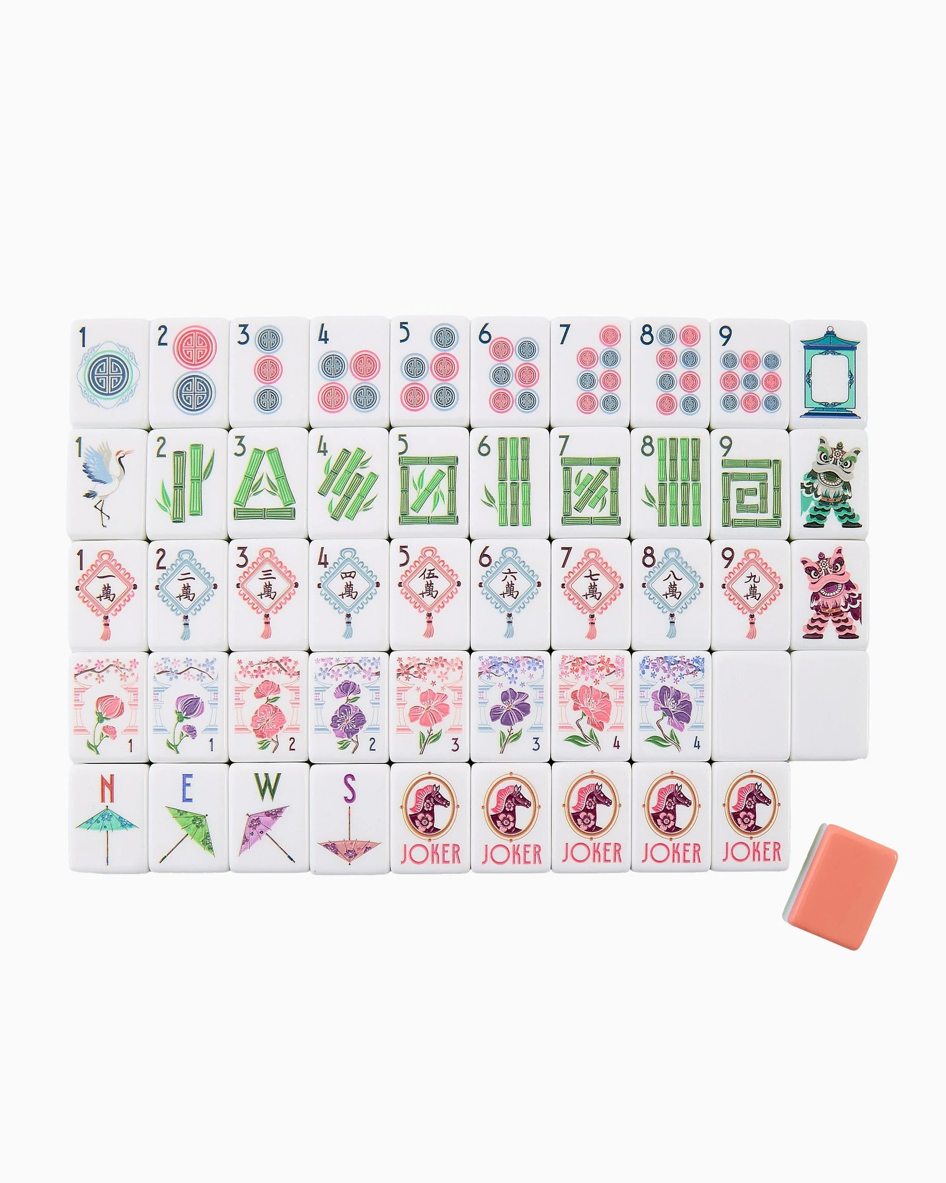 Set of colorful Mahjong Tiles with various designs on a white background
