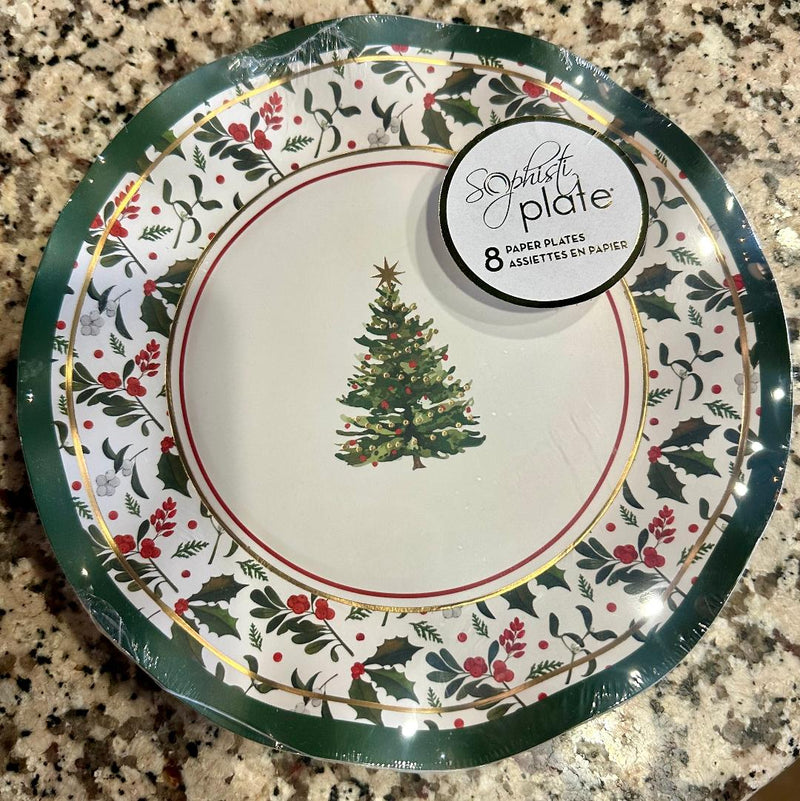 Packaged paper plates with Christmas tree design on a granite surface
