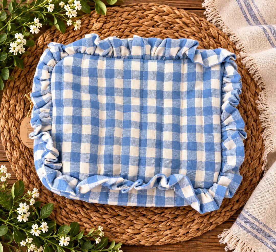 Gingham Woven Cotton Zip Pouch