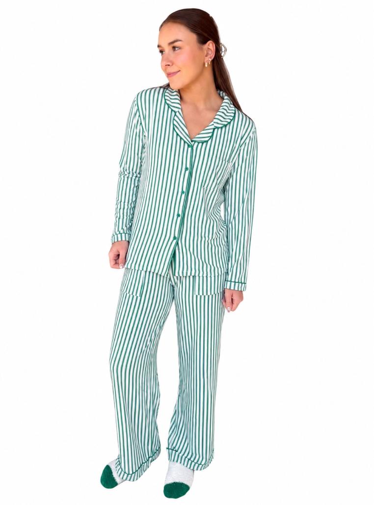 Aria Slim Notch Collar  PJ Set-Green Stripe