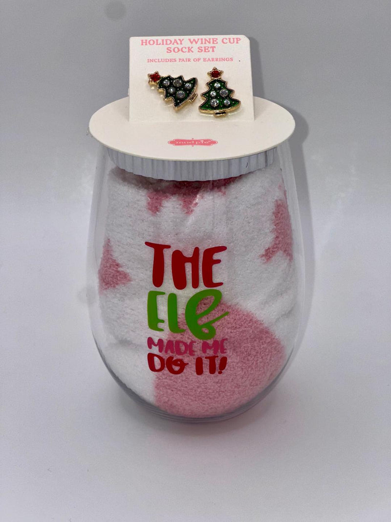 Assorted Holiday Wine Cup Sock Set & Earrings