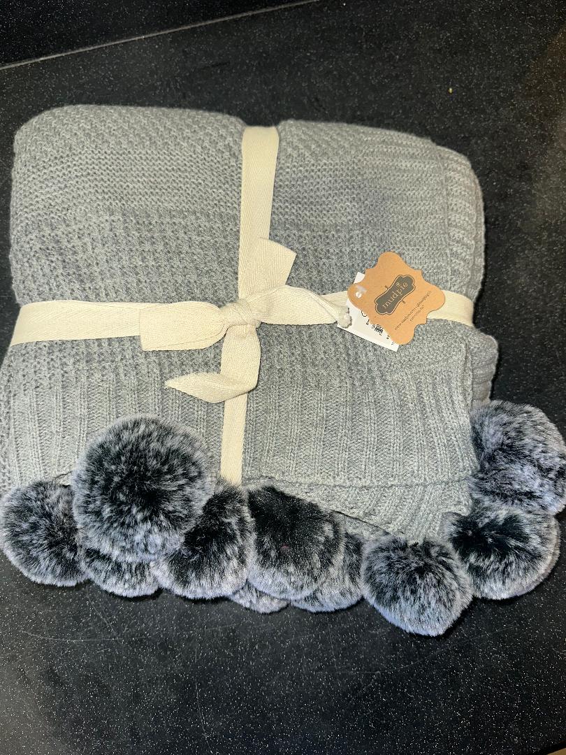 Mudpie Gray Blanket with poms