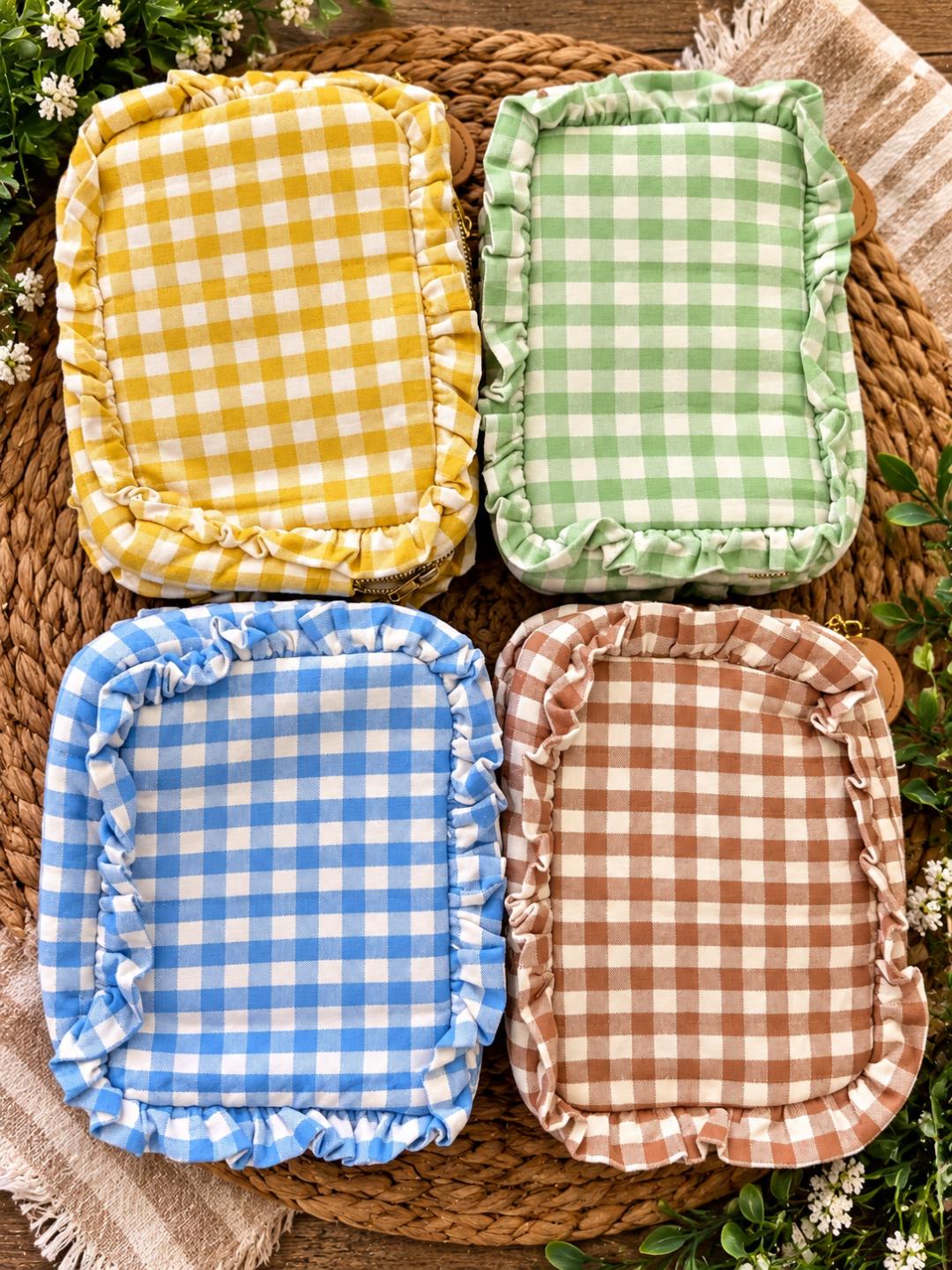 Gingham Woven Cotton Zip Pouch