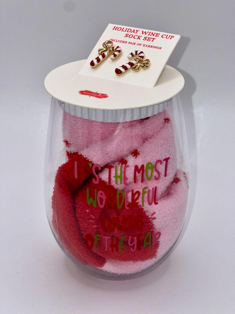 Assorted Holiday Wine Cup Sock Set & Earrings