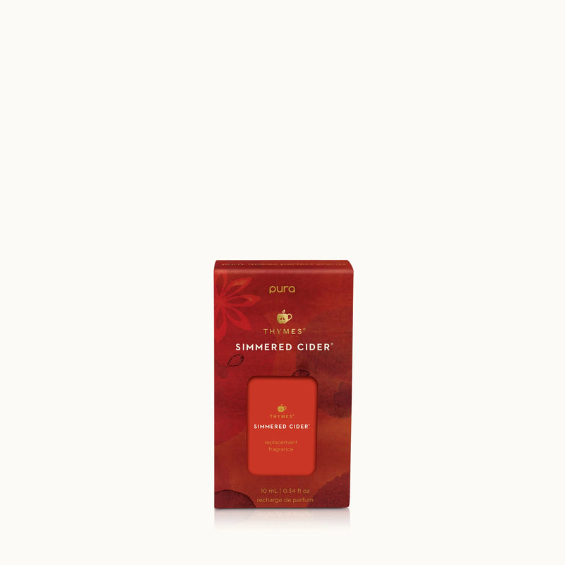 A boxed bottle of Thaves Pura Simmered Cider on a clean white background. The packaging is a deep red with subtle leaf patterns and a smaller matching red label on the front.