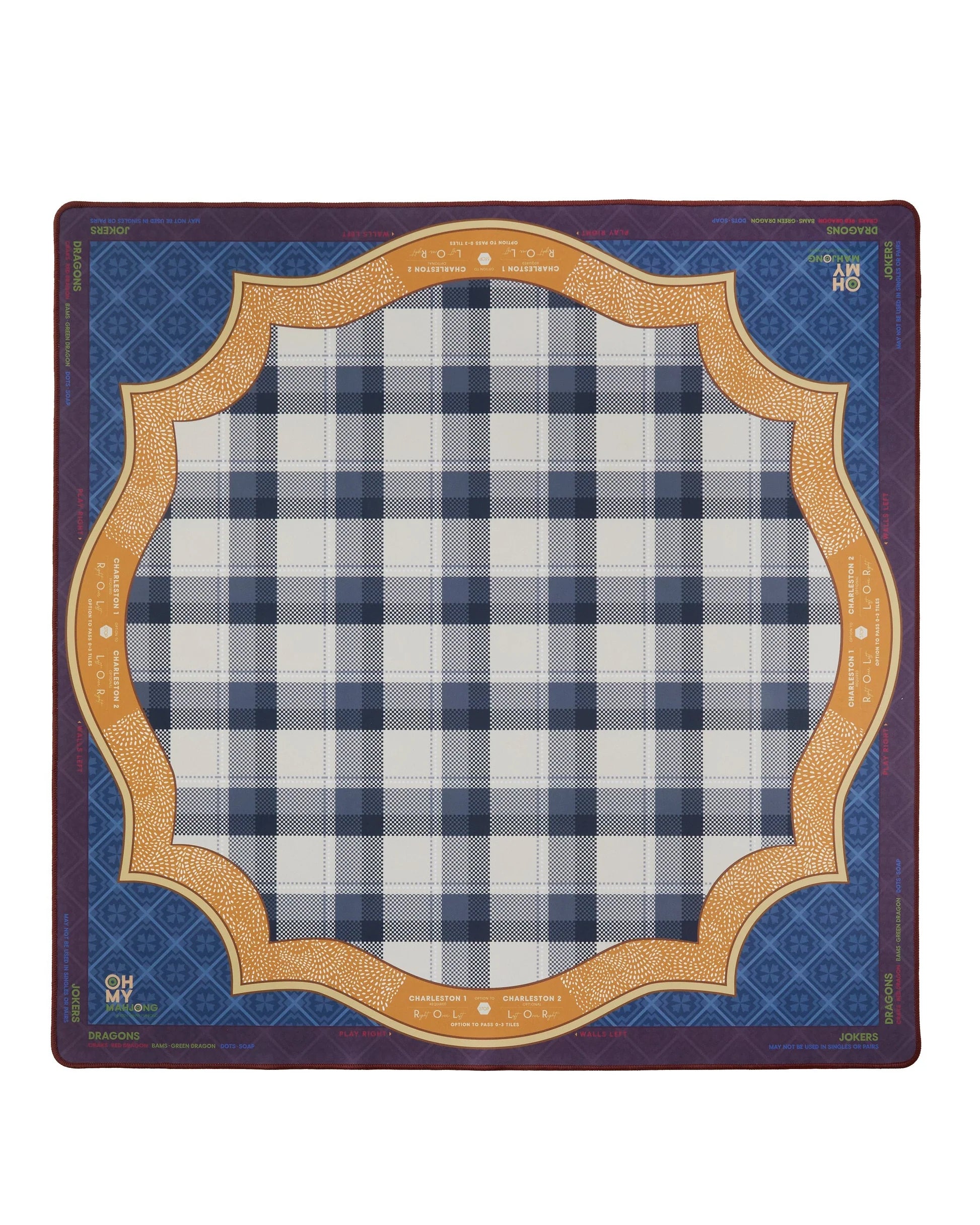 Black and white checkered neoprene Mahjong Mat with yellow and blue accents on a white background