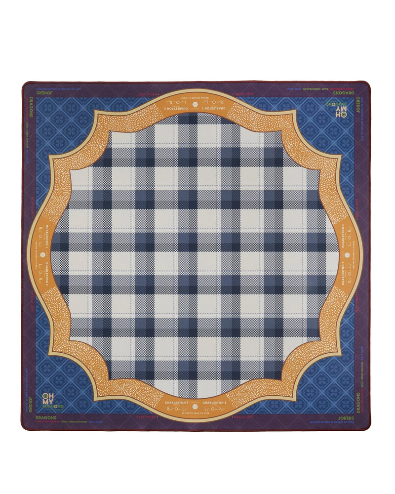 Black and white checkered neoprene Mahjong Mat with yellow and blue accents on a white background