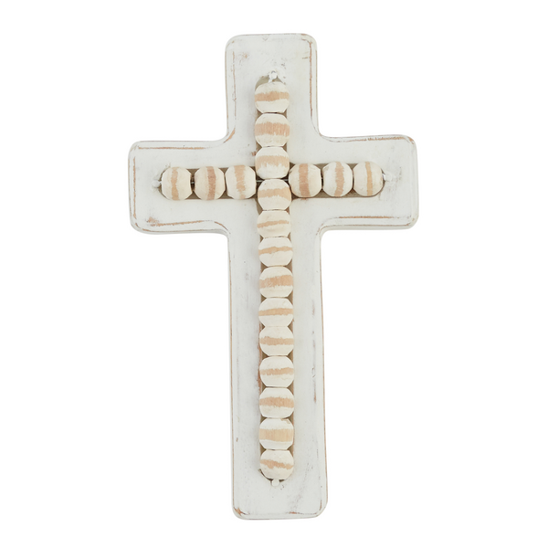 Small White Beaded Wood Cross