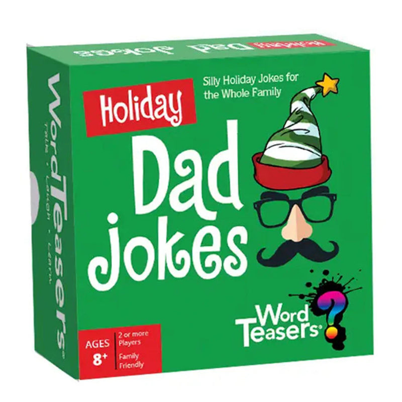 A green box of WordTeasers 'Holiday Dad Jokes' game, featuring a cartoon mustache wearing a green and white striped Santa hat with red trim. The box includes red label blocks with white text reading 'Holiday' and 'AGES 8+'.
