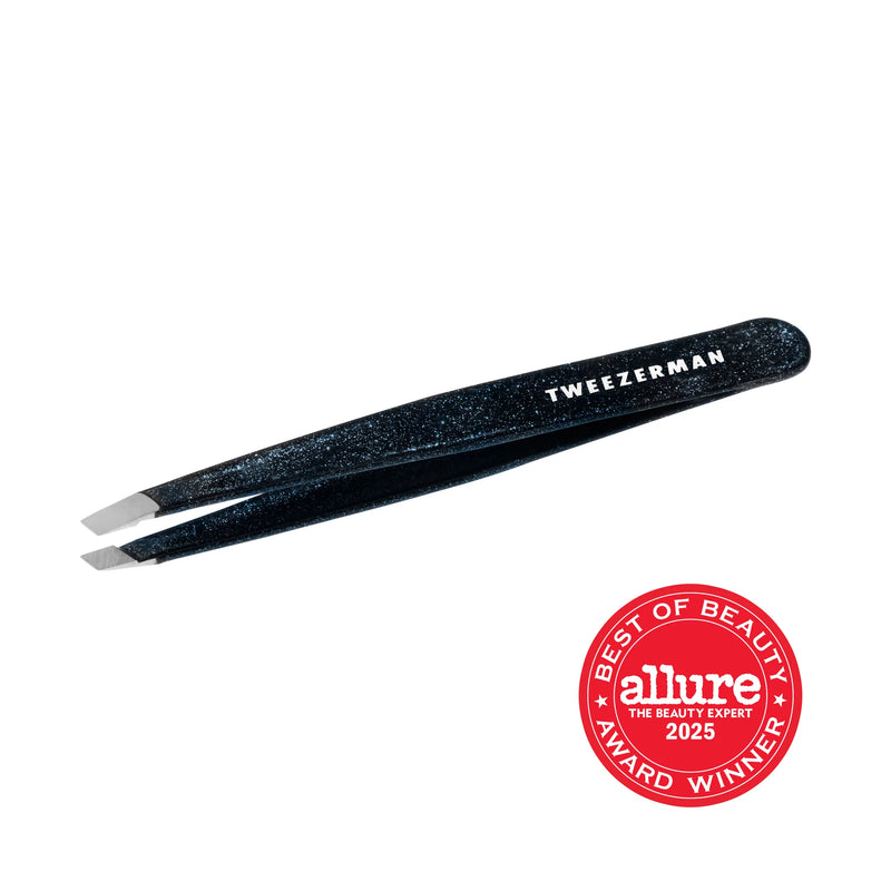 Black tweezers with 'Tweezerman' branding and an 'Allure' award badge on a white background